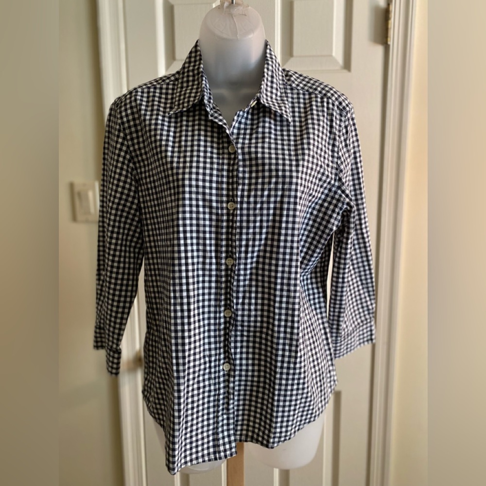 Evan Picone - Black & white checkered button down shirt with 3/4 sleeves…